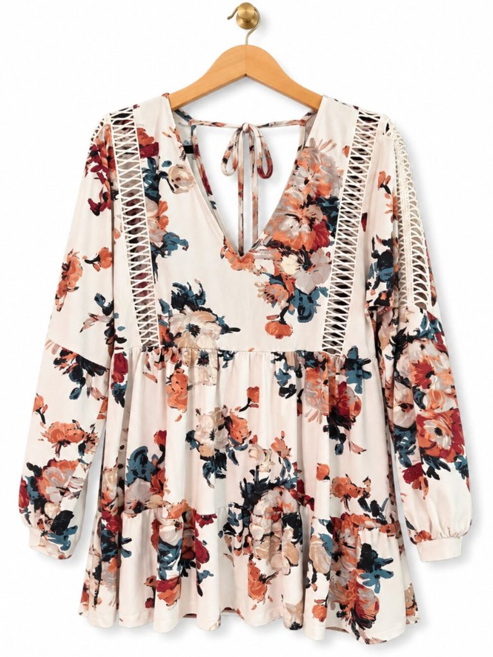 ⭐️ Clearance | Gimmicks Ivory Floral Crochet Tunic Top Long Sleeve Boho Tiered